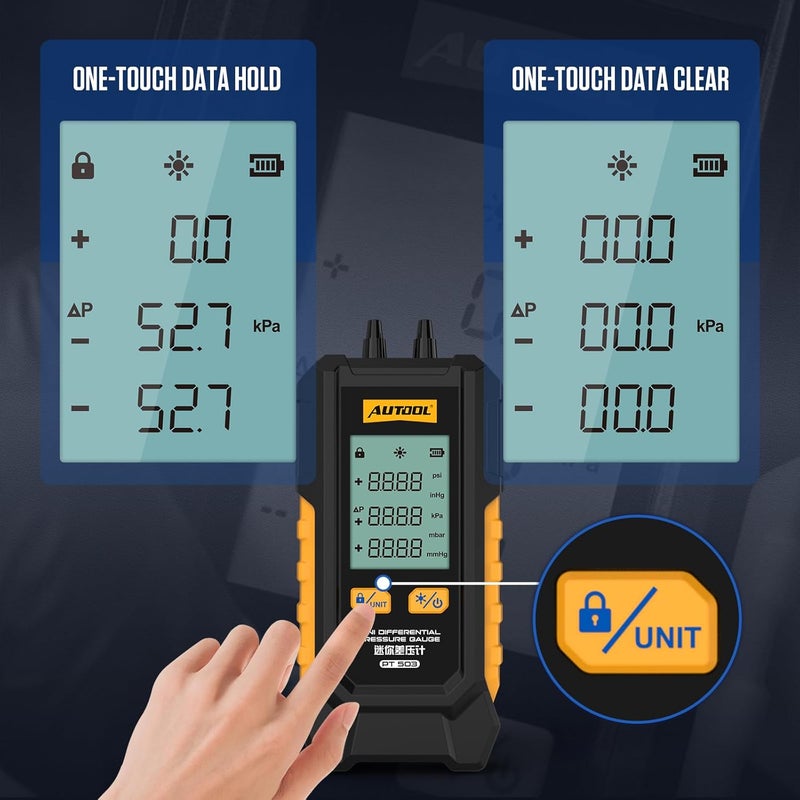 Autool Manometer Gas Pressure Tester, Digital Manometer HVAC, 6 Units Differential Dual Port Pressure Gauge -101 to 200Kpa, Data Zeroing with Backlight LCD Display - Image 5